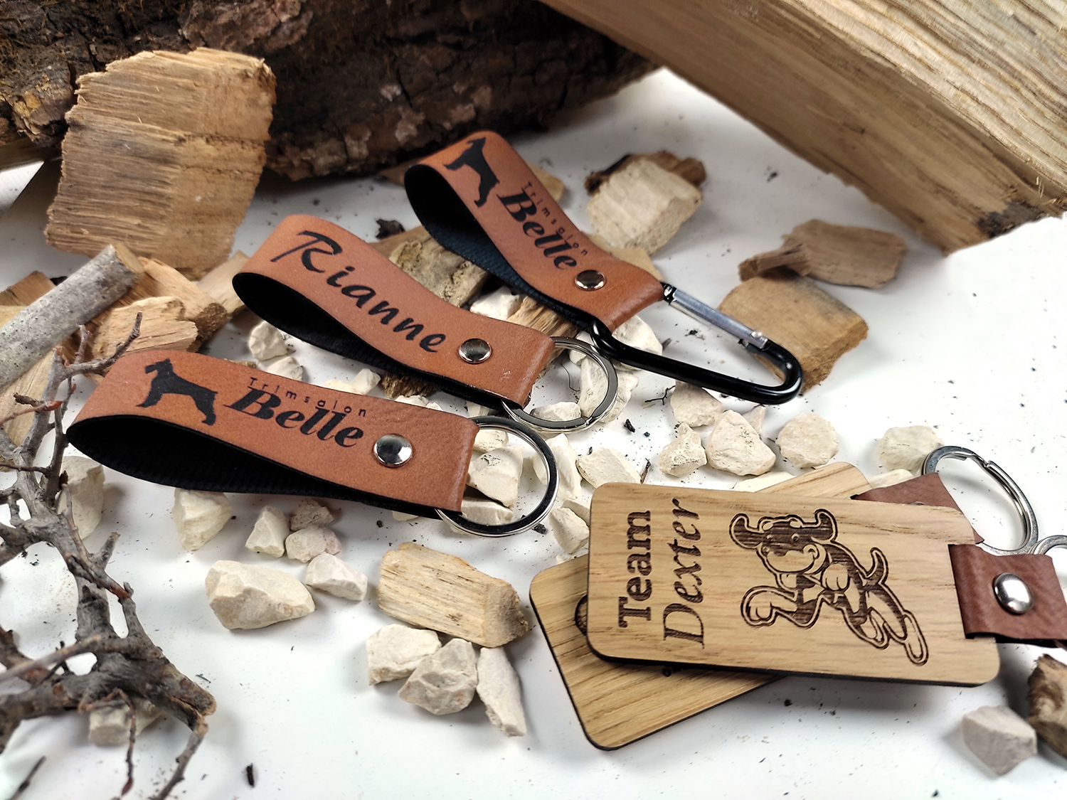 Houten Sleutelhanger met leren tussenstuk - Afbeelding 3