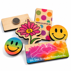 Houten magneet full colour bedrukt en lasergesneden