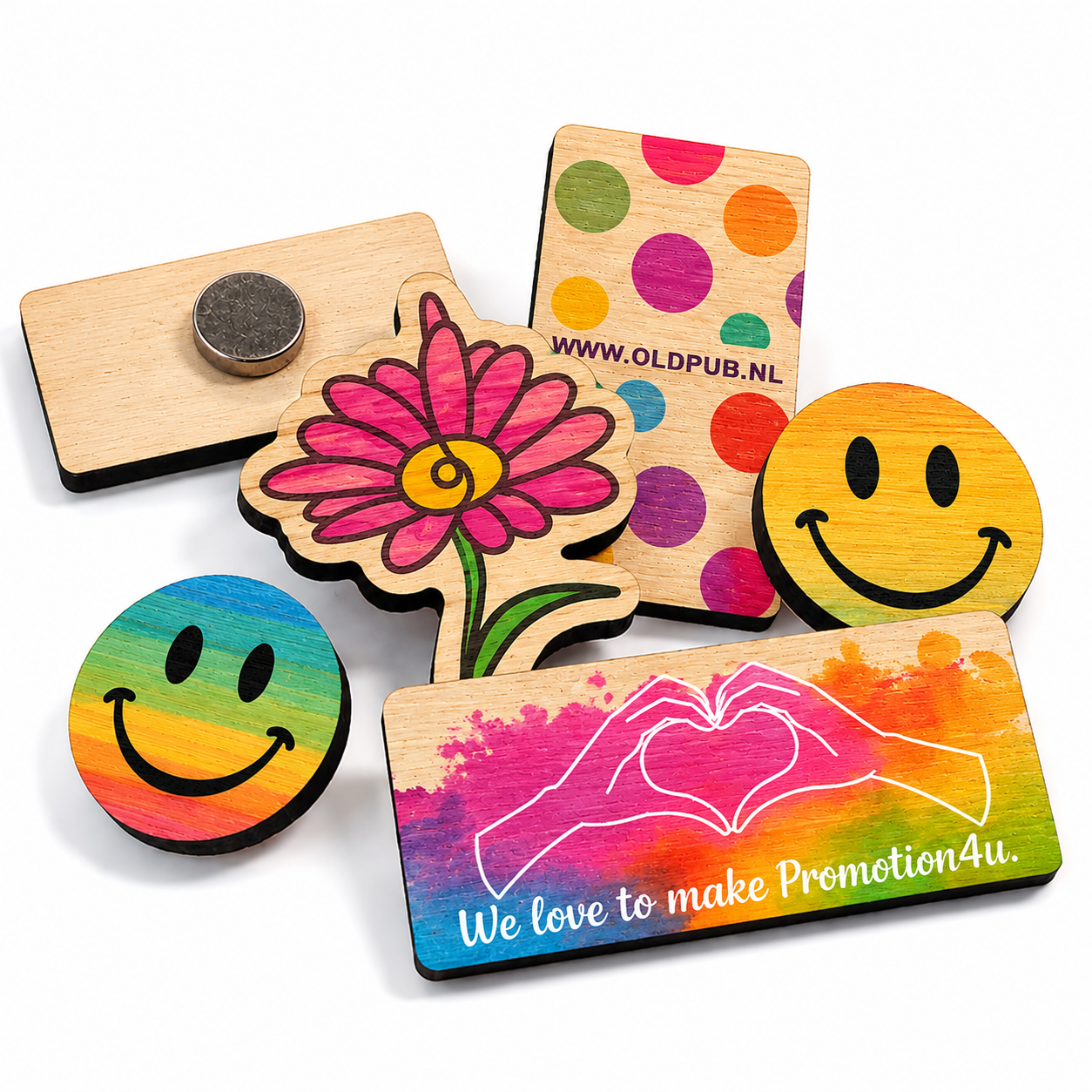 Houten magneet full colour bedrukt en lasergesneden
